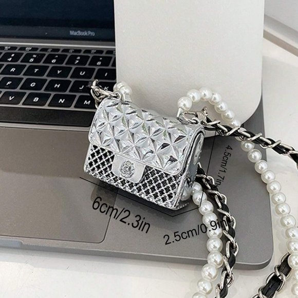 Silver Preppy Womens Mini Metallic Flap Square Bag Pearl Decor - Picture 4 of 5